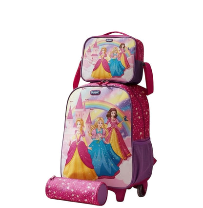 Kit Mochila Escolar com Rodinhas Princesas Magic 3 Peças
