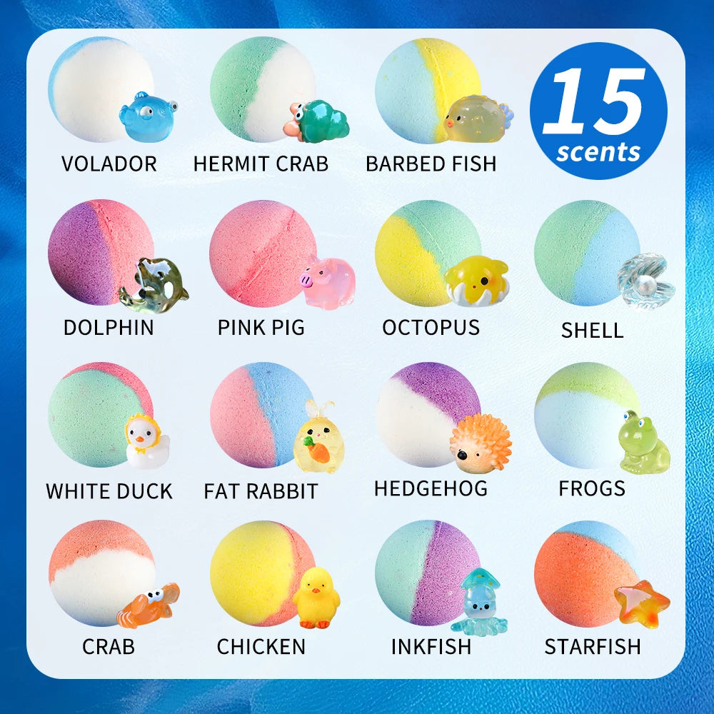 Bombas de banho para crianças com surpresa dentro, conjunto de presente de bombas de banho para crianças de 15 pacotes, banho de bolhas orgânico natural para crianças, gasoso com brinquedo de banho