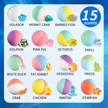 Bombas de banho para crianças com surpresa dentro, conjunto de presente de bombas de banho para crianças de 15 pacotes, banho de bolhas orgânico natural para crianças, gasoso com brinquedo de banho