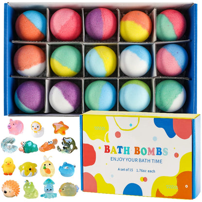 Bombas de banho para crianças com surpresa dentro, conjunto de presente de bombas de banho para crianças de 15 pacotes, banho de bolhas orgânico natural para crianças, gasoso com brinquedo de banho