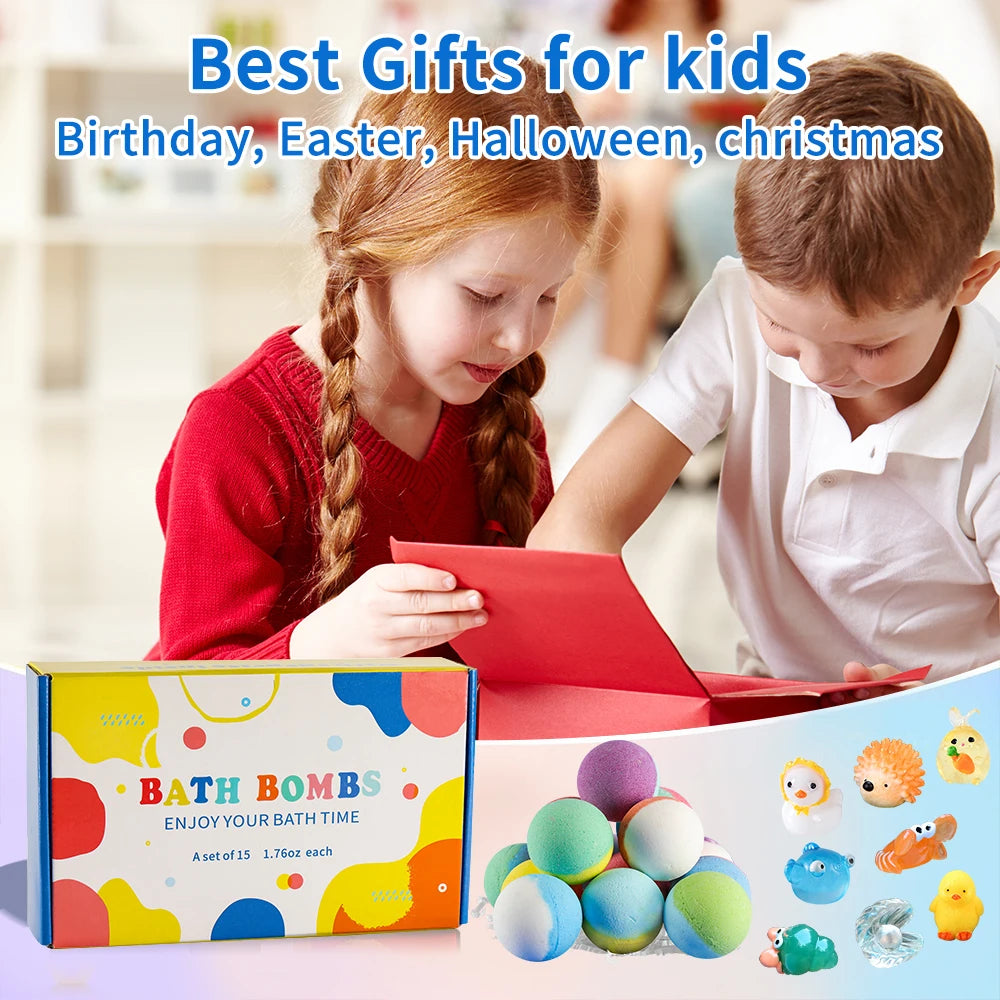 Bombas de banho para crianças com surpresa dentro, conjunto de presente de bombas de banho para crianças de 15 pacotes, banho de bolhas orgânico natural para crianças, gasoso com brinquedo de banho