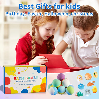 Bombas de banho para crianças com surpresa dentro, conjunto de presente de bombas de banho para crianças de 15 pacotes, banho de bolhas orgânico natural para crianças, gasoso com brinquedo de banho
