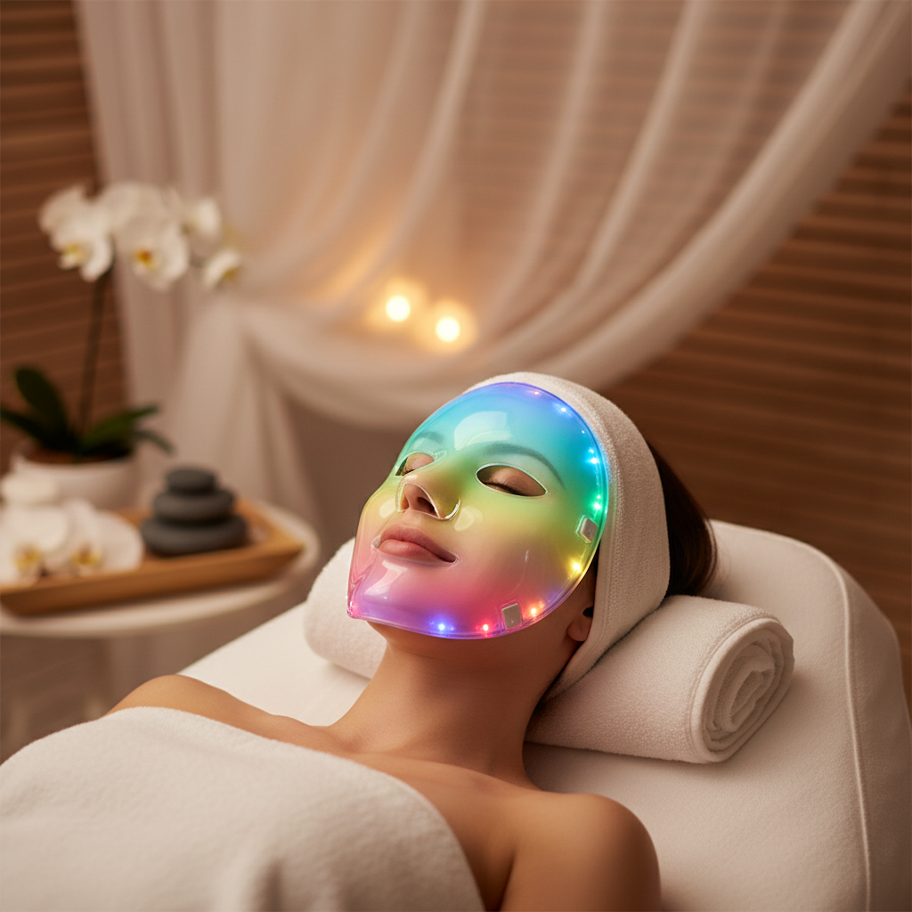 Mulher usando máscara de LED facial